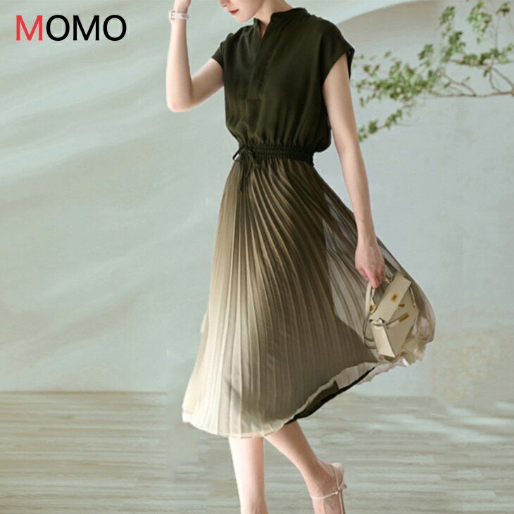 樂天商城 - プリーツ グラデーション ワンピース さわやか ワンピース ウエスト ストレッチゴム仕様 楽々ウエスト 大人カジュアル 大人ファッション 大人コーデ アラサーファッション アラサーコーデ 大人韓国コーデ ワンマイルコーデ 春夏ワンピース オールシーズン