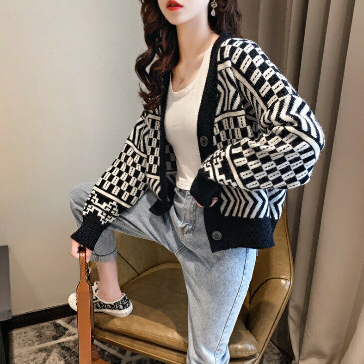 ニット カーディガン モード シンプル セーター 長袖 ニットカーディガン ニットジャケット トップス アウター 幾何学模様 レディース ins 韓国 デート オフィス OL カジュアル ママ ママファッション お出かけ 3