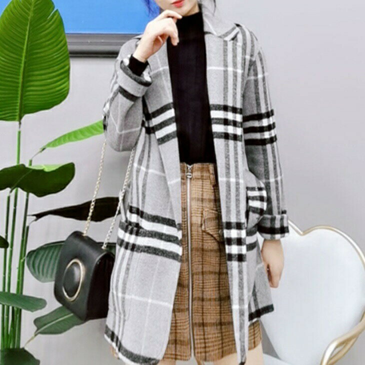 樂天商城 - 格子柄ミドルコート 秋冬 ウールコート グレンチェック シンプル お洒落 ウール素材 大き目 スタイリッシュ アウター コート きれいめ 大人 秋 冬 韓国ファッション 韓国コーデ ベーシック レトロ調 アラサーファッション