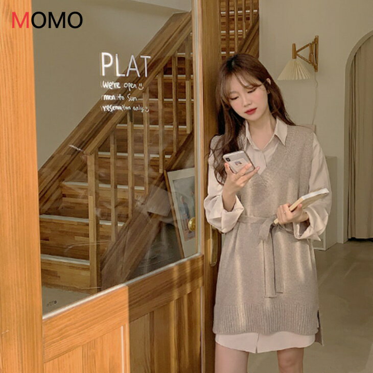 シャツワンピース ロングニットベスト セットアップ ツーピース 普段着セットアップ ワンピース ニットベスト 上品 レディース 韓国 トレンド 大人カジュアル アラフォーコーデ アラサーママ ワンマイルコーデ ins