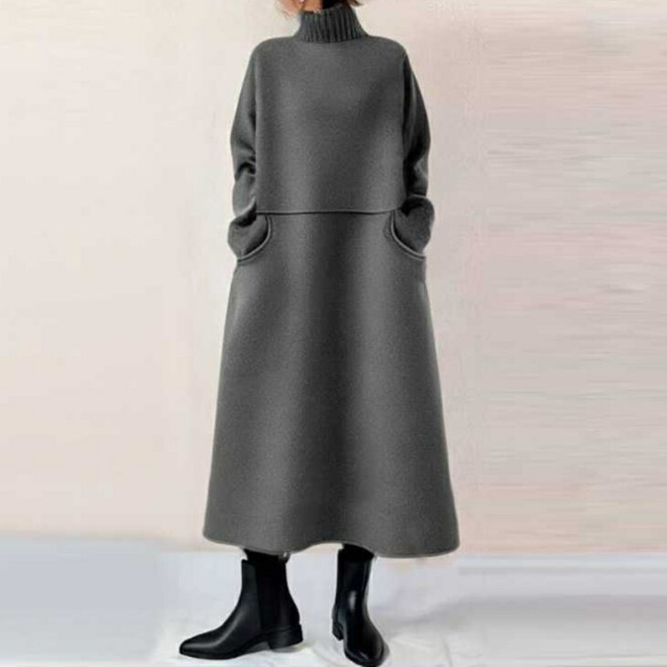 ニット ハイネック ワンピースセーター風 ロングコートAライン ワンピース コート スマートライン 大人ファッション 大人コーデ 大人カジュアル 大人韓国コーデ アラサーファッション アラサーコーデ アラフォーコーデ シンプルコーデ