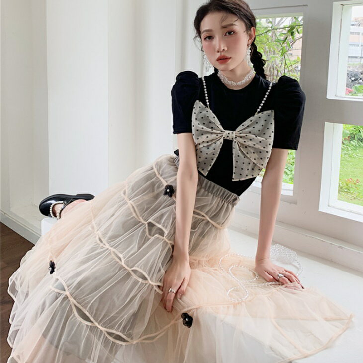 サマーツーピース セットアップ パフスリーブシャツ メッシュスカート 涼しい着心地 爽やかセットアップ 大人可愛いコーデ ニッチテイスト クールセットアップ フェアリーコーデ 大人コーデ 普段着ドレス パーティードレス 大人カジュアル 韓国レディース