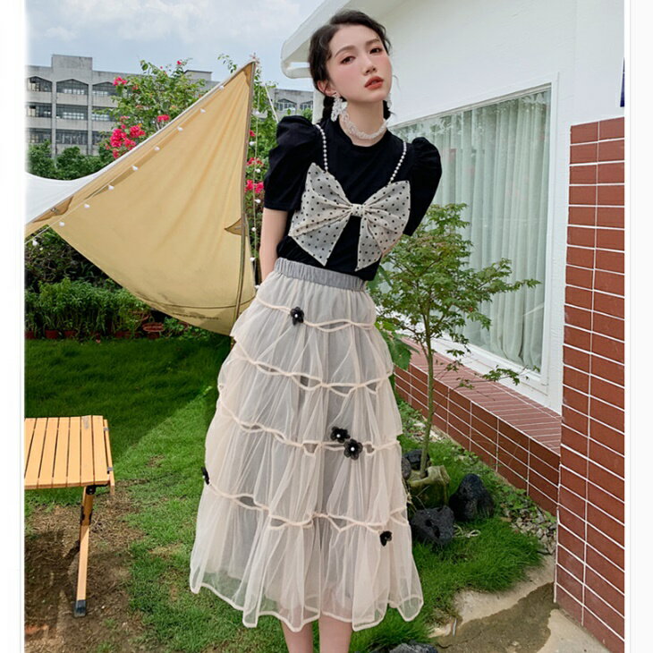 サマーツーピース セットアップ パフスリーブシャツ メッシュスカート 涼しい着心地 爽やかセットアップ 大人可愛いコーデ ニッチテイスト クールセットアップ フェアリーコーデ 大人コーデ 普段着ドレス パーティードレス 大人カジュアル 韓国レディース