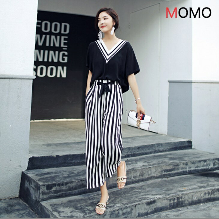 ストライプ ワイドレッグ パンツ セットアップ ツーピース ストレッチ セットアップ コーデ 大人カジュアル 大人ファッション 大人コーデ アラサーファッション アラサーコーデ 大人韓国コーデ ワンマイルコーデ 春夏セットアップ オールシーズン