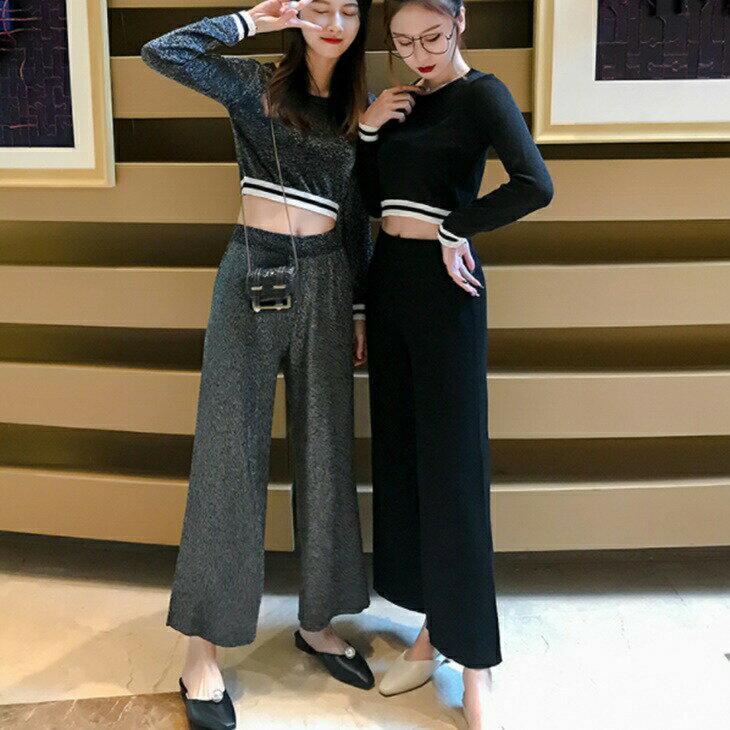 【上下セット】ショートトップス+ワイドレッグパンツ 秋冬大人セットアップ 大人カジュアル 大人ファッション 大人コーデ ママコーデ ママファッション アラサーファッション アラサーコーデ アラフォーコーデ アラフォー風 カジュアルコーデ