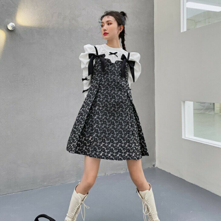 ボウタイ付フリルシャツ+ジャガードワンピース セットアップワンピース サマードレスワンピ 大人カジュアル アラサーちゃん アラサーコーデ アラフォーコーデ シンプルコーデ 大人ファッション 大人コーデ 大人韓国コーデ ワンマイルコーデ ins