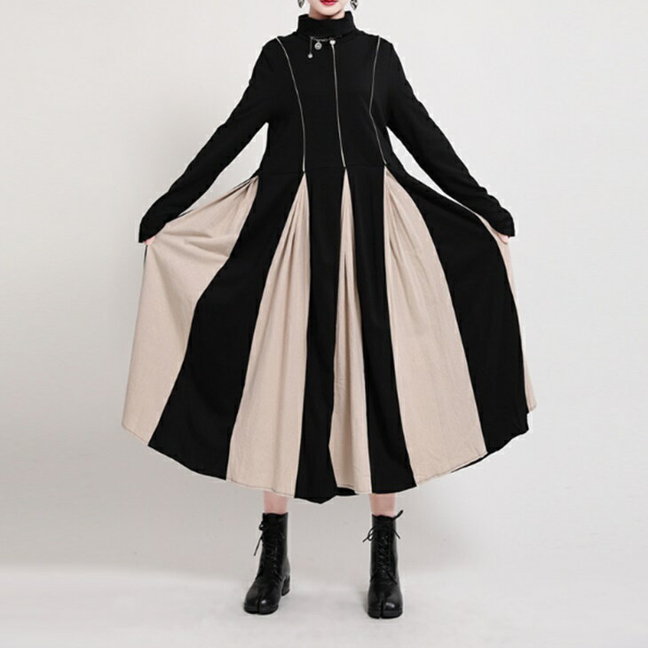ツートン フレア ギャザー ワンピース モノトーン ワンピース シックデザイン ミドル丈 フレア スカート 大人カジュアルコーデ アラサーちゃんコーデ アラサーコーデ アラフォーコーデ 韓国 ファッション 大人ファッション 大人コーデ ins