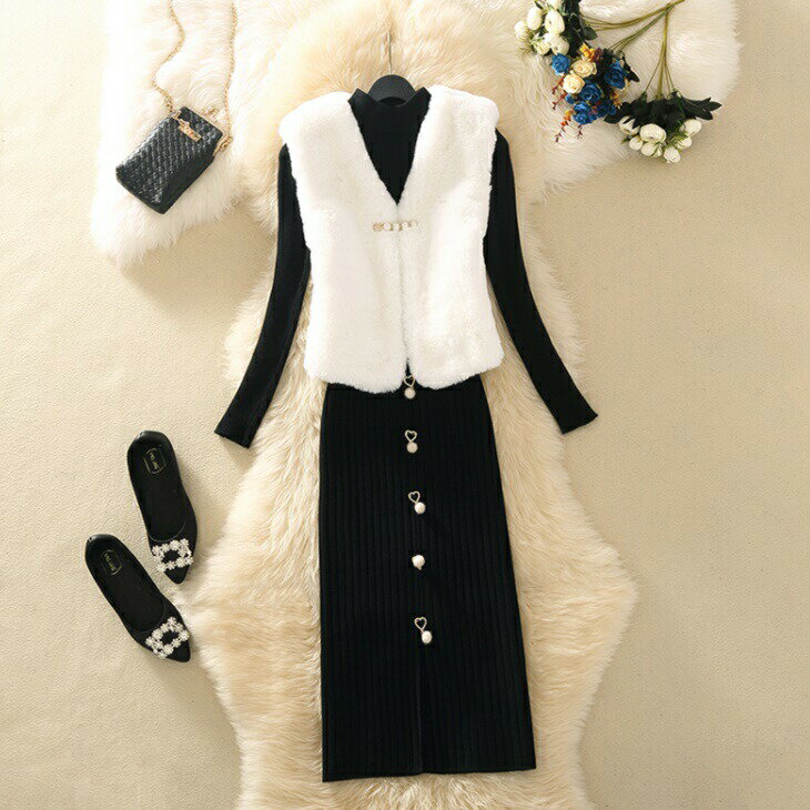 【セット販売】ファーベスト+ハイネックニット+ロングニットスカートセットアップ 大人かっこいいスリーピース フレグランス 大人カジュアル きれかわワンピ 大人フ...