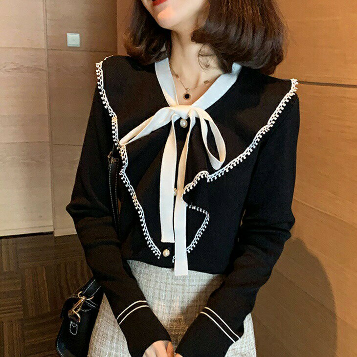 樂天商城 - セーターカーディガン ニットブラウス ブラウスセーター フリルリボン付き 薄手ニット 大人ファッション 大人コーデ ワンマイルコーデ ワンマイルファッション アラサーファッション アラサーコーデ 韓国コーデ 韓国ファッション