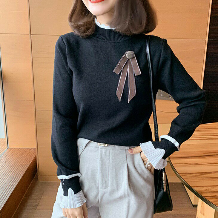 ハイネックシフォンセーターニットブ...