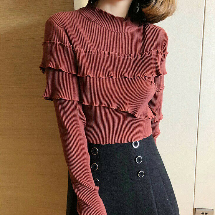 樂天商城 - ハーフハイネックシャツブラウス ボトミングブラウス 薄手ニットフレアブラウス 大人ファッション 大人コーデ ワンマイルコーデ ワンマイルファッション アラサーファッション アラサーコーデ 韓国コーデ 韓国ファッション