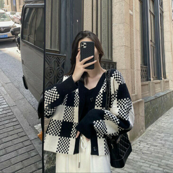 樂天商城 - チェック柄ルーズセーター ニットセーター カーディガンセーター 秋冬ニット 大人ニット 大人カジュアル 大人コーデ アラサーコーデ アラサーファッション アラフォーコーデ アラフォーファッション ママコーデ ママファッション 韓国コーデ ins