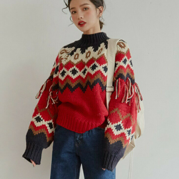 ラウンドネックセーター タッセル付きニットセーター ハイネック風ざっくりセーター 大人カジュアル 大人ファッション 大人コーデ アラサーファッション アラサーコーデ アラフォーコーデ アラフォーファッション ママコーデ 韓国コーデ 大人韓国コーデ insのサムネイル