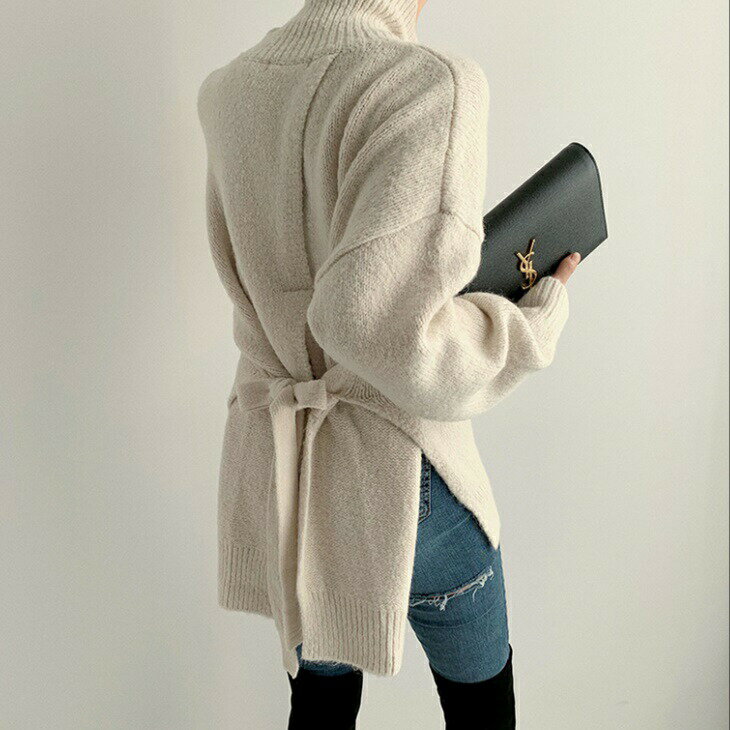 ルーズタートルネックニット スリットウエストリボン プルオーバーセーター 大人ファッション 大人コーデ 大人カジュアル 大人韓国コーデ アラサーファッション アラサーコーデ ママコーデ アラフォーコーデ アラフォー風 シンプルコーデ シンプルライフ(4)