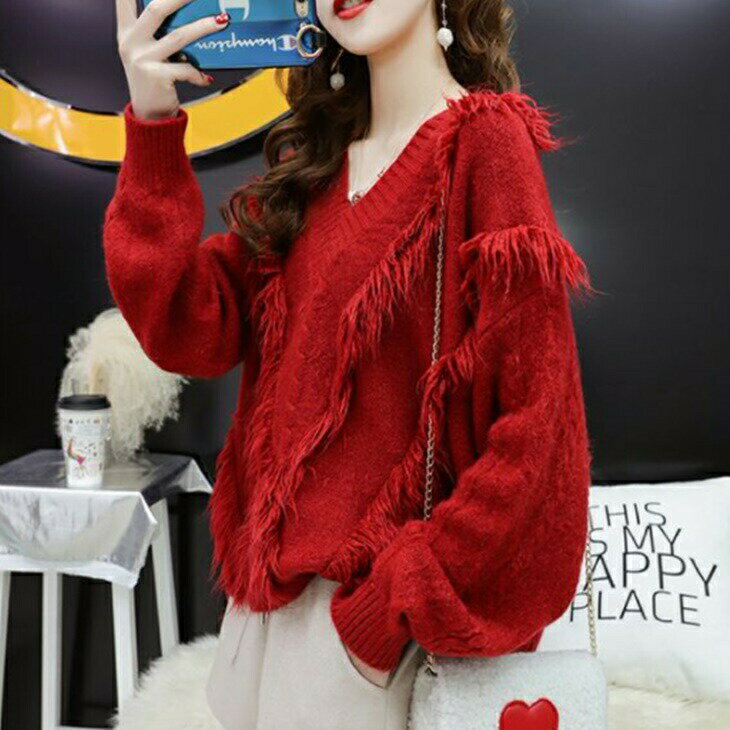 Vネックオフショルダーセータールー...