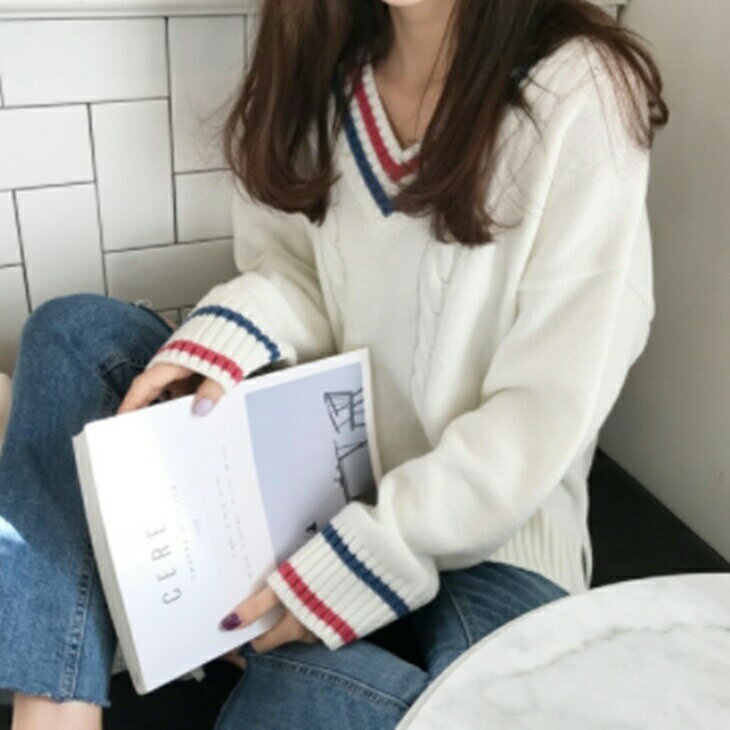 樂天商城 - Vネックカラーセーター ざっくりルーズセーター プルオーバーニットセーター 大人カジュアル 大人ガーリー 大人韓国コーデ 大人コーデ 大人可愛い アラサーファッション アラサーコーデ ママコーデ アラフォーコーデ シンプルコーデ シンプルライフ ins