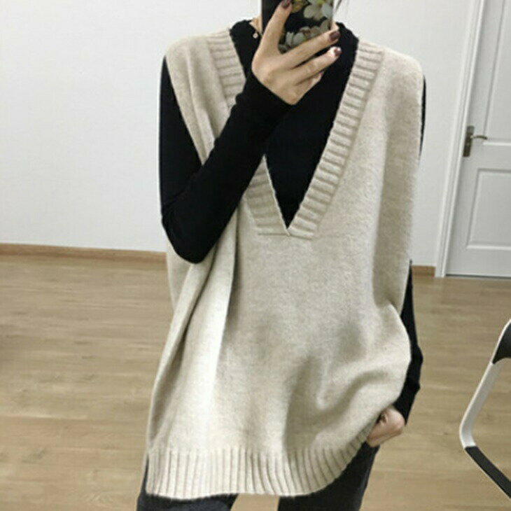 樂天商城 - Vネックロングベストニット 厚手ルーズセーター ざっくりベストニット ルーズセーター 大人ニット 大人ファッション 大人コーデ 大人カジュアル 大人韓国コーデ アラサーファッション アラサーコーデ ママコーデ アラフォーコーデ シンプルコーデ シンプル