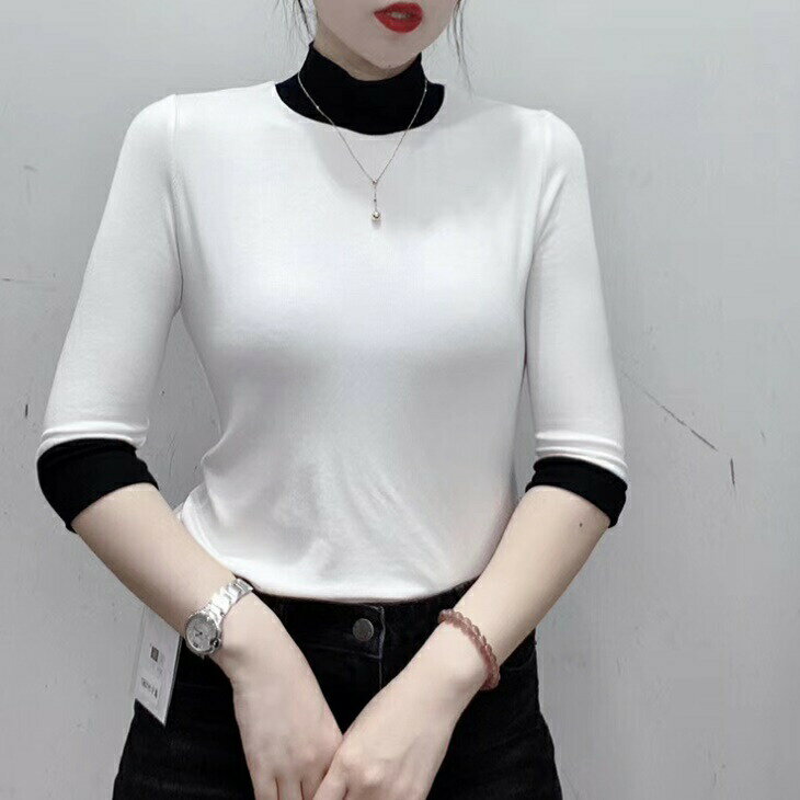 樂天商城 - バイカラー ハイネック シャツ カットソー 七分袖 長袖 トップス tシャツ 切り替え カラー カラバリ 秋トップス スーツトップス 上品カジュアル シンプル カジュアル 上品 レディース お出かけ ins デート 韓国 トレンド ママ ガール