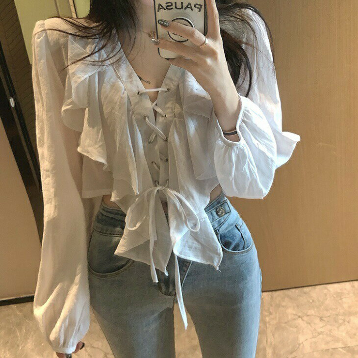 樂天商城 - フリルシャツブラウス 編み上げ シャツ ブラウス ボリューム袖 ボリュームスリーブ フリル パフスリーブ デザイン カットソー トップス ベーシック シンプル 大人 オフィス 上品 レディース OL お出かけ ins デート 韓国 トレンド ママ
