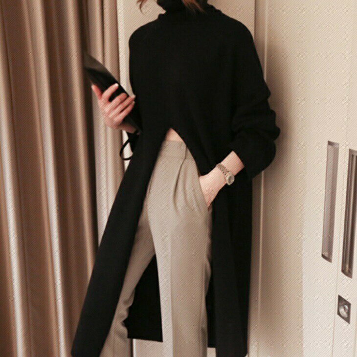 樂天商城 - タートルネック ロングニット ロングスリット フィッシュテール 変形 デザイン リブニット セーター トップス ベーシック シンプル 大人 オフィス 上品 レディース OL お出かけ ins デート 韓国 トレンド ママ