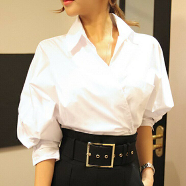 樂天商城 - カシュクールシャツブラウス ランタンスリーブ ボリューム袖 ボリュームスリーブ シャツ カットソー ワイシャツ トップス シンプル 無地 大人 オフィス 上品 レディース OL お出かけ ins デート 韓国 トレンド ママ