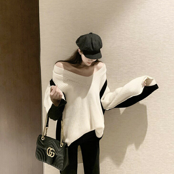 バイカラーオフショルダーセーターニ...