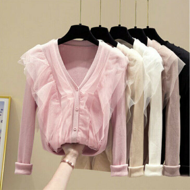 チュール レース シースルー フリル リブニット カーディガン ニット トップス アウター 長袖 防寒 セーター 秋カーディガン 冬カーディガン オフィス シンプル 大人 上品 レディース OL ins 家 デート 韓国 トレンド ママ