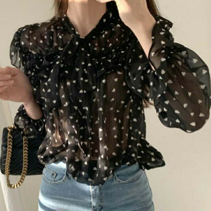 樂天商城 - ハート シフォン タイ リボンタイ シースルー 透け感 ブラウス シャツ シフォンブラウス トップス セーター 長袖 上品カジュアル シンプル カジュアル 大人 上品 レディース お出かけ オフィス OL ins デート 韓国 トレンド ママ ガール