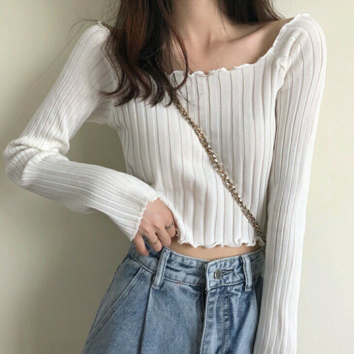 樂天商城 - ショートトップス リブニット ニット スクエアネック 長袖 カットソー シャツ トップス 上品カジュアル シンプル カジュアル 大人 上品 レディース お出かけ オフィス OL ins デート 韓国 トレンド ママ ガール