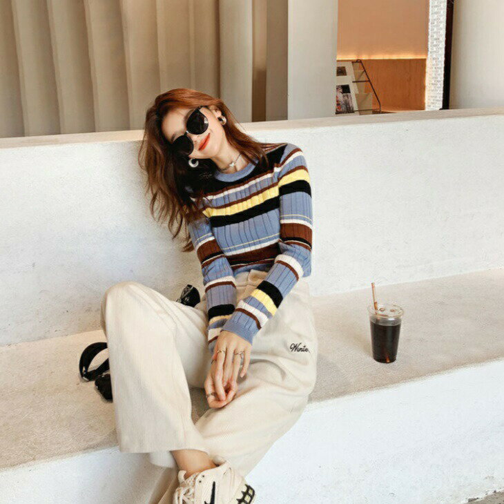 樂天商城 - リブニット カラフル ボーダー ラウンドネック 長袖 カットソー ニット セーター トップス 上品カジュアル シンプル カジュアル 大人 上品 レディース お出かけ オフィス OL ins デート 韓国 トレンド ママ ガール