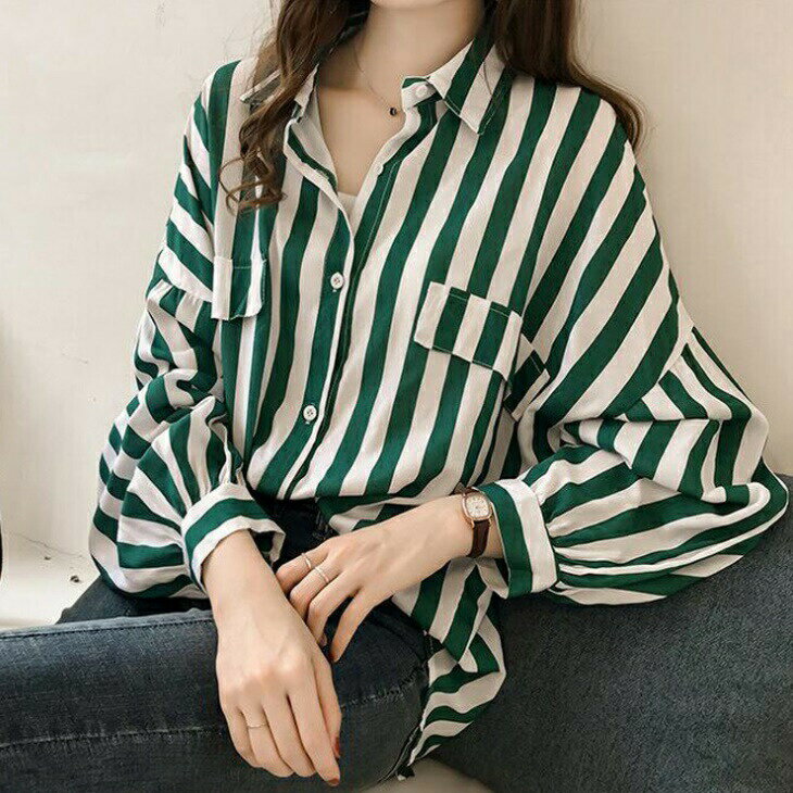 樂天商城 - ストライプ 柄 シャツ ドロップショルダー レトロシャツ レトロブラウス ブラウス ボリューム袖 ボリュームスリーブ 縦 ビッグシルエット 大きいサイズ 長袖 レディース 上品 カジュアル お出かけ デート ママ ママファッション
