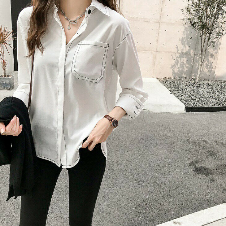 Long-Sleeved - ステッチ カジュアル シャツ ワイシャツ デザインシャツ 襟 ポケット フロントボタン トップス オフィス OL 通勤 長袖 レトロシャツ 無地 レディース 上品 カジュアル お出かけ デート ママ ママファッション