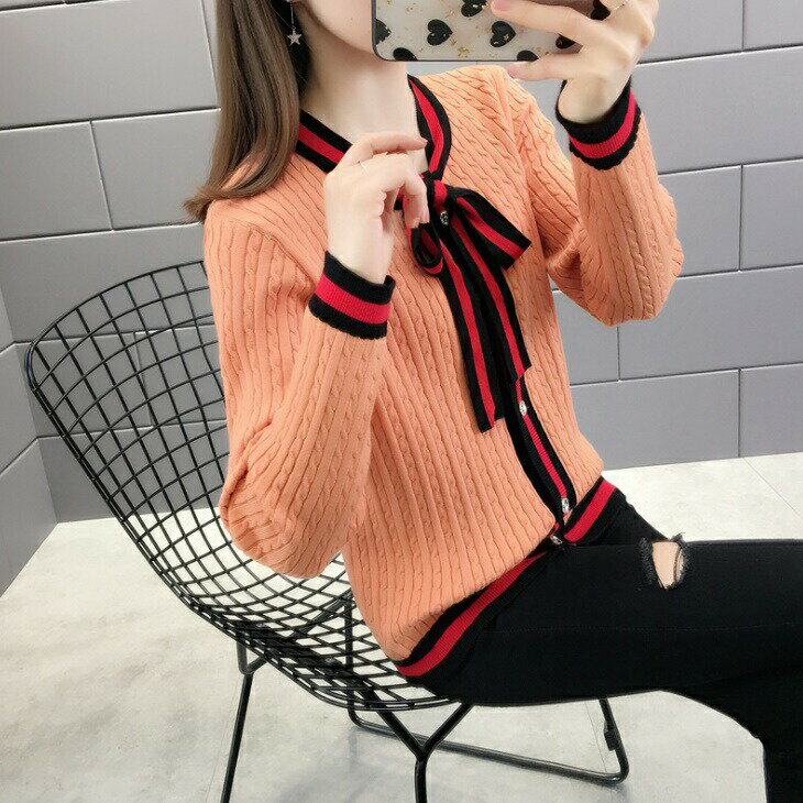 バイカラー リボンタイ ニット カーディガン ビジューボタン ニットセーター セーター ケーブルニットカーディガン ケーブル編み 首元リボン 肩落ち 長袖 トップス 大きめ レディース 上品 オフィス OL ins 韓国 デート カジュアル ママ 2