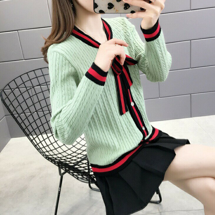 バイカラー リボンタイ ニット カーディガン ビジューボタン ニットセーター セーター ケーブルニットカーディガン ケーブル編み 首元リボン 肩落ち 長袖 トップス 大きめ レディース 上品 オフィス OL ins 韓国 デート カジュアル ママ 3