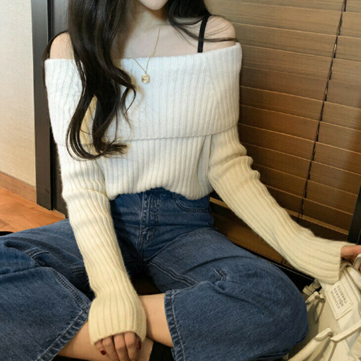 オフショルリブニットオフショルダー...