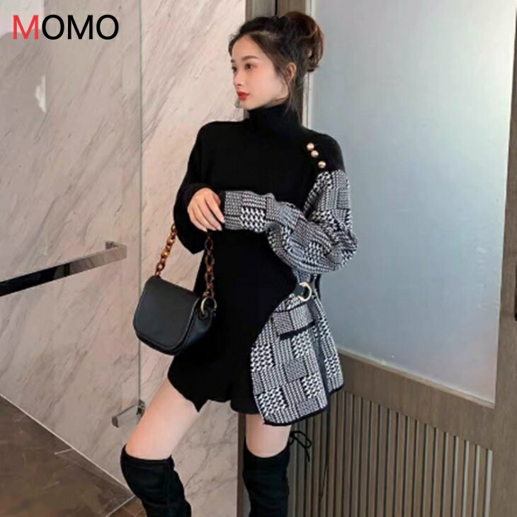 千鳥柄ニット 切り替えニット ハイネックニット ニットセーター 秋冬シャツ ツートンカラー ニットシャツ アラサーおしゃれニット おとなファッション プチプラファッション プチプラコーデ 可愛いファッション 韓国ファッション 可愛いニット