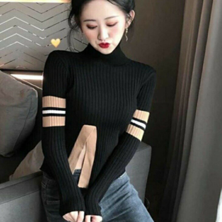 樂天商城 - バイカラーニット ニットブラウスト ニットセーター薄手 ハイネックニット 秋 冬　ニット　タイトニット おしゃれ カジュアル　かわいい ガーリー　デイリー 韓国 韓国ファッション　アラサーファッション 大人可愛い アラサーコーデ