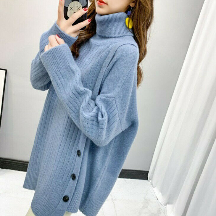 樂天商城 - ハイネックニット ニットセーター サイドボタンニット 韓国ファッション 韓国コーデ ゆったりニット 大人かわいい 大人コーデ 秋 冬 あったかニット ボリューム オフィス 防寒 カーデ 長袖 20代 30代 40代 OL ママ 母