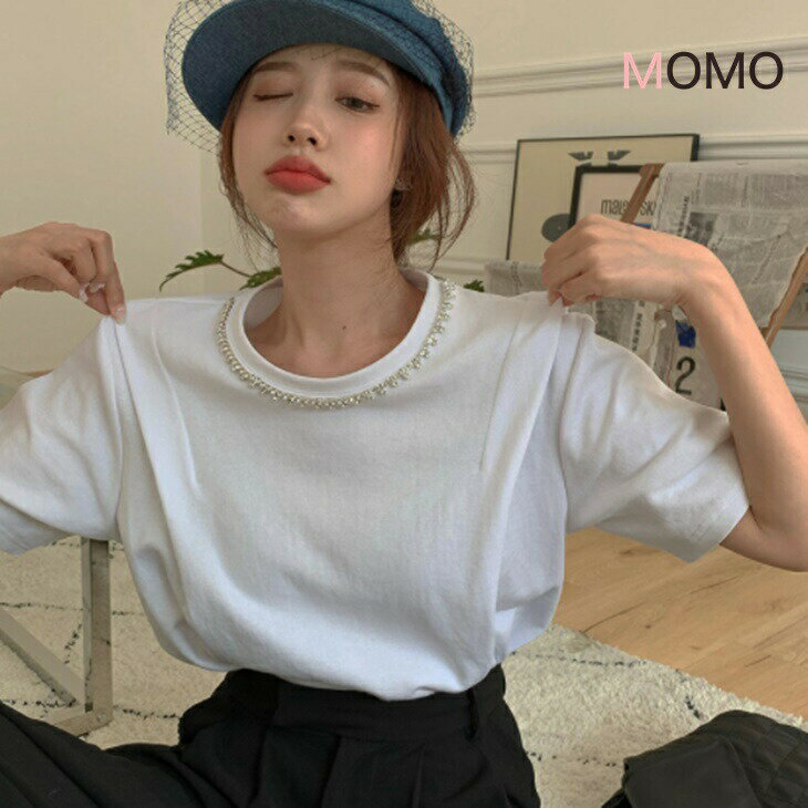 樂天商城 - ラウンドネックビシュー付きTシャツ 綺麗シャツ 被らないTシャツ 普段着お洒落シャツ 大人ファッション 大人コーデ 大人カジュアル 大人韓国コーデ アラサーファッション アラサーコーデ ママコーデ 綺麗めコーデ シンプルコーデ シンプルライフコーデ