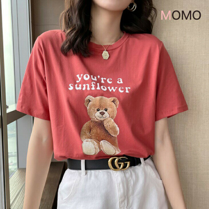 樂天商城 - ベア—プリントピュアコットン半袖VネックTシャツ 被らないTシャツ 普段着お洒落シャツ 大人ファッション 大人コーデ 大人カジュアル 大人韓国コーデ アラサーファッション アラサーコーデ ママコーデ 綺麗めコーデ シンプルコーデ シンプルライフコーデ