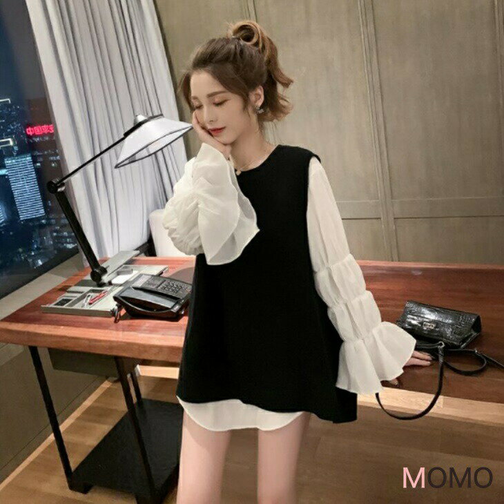 【セット販売】トランペットスリーブブラウス+ベスト 大きめサイズのシャツベストコーデ 長袖シャツブラウス 大人ファッション 大人コーデ 大人カジュアル 大人韓国...