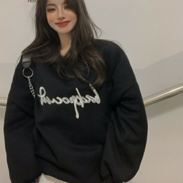 ルーズざっくりトレーナーニットトップス 刺繍Uネックニットセーター 大人ニット 大人ファッション 大..