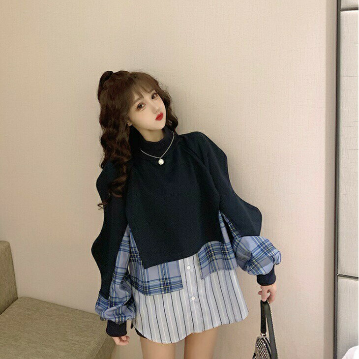 樂天商城 - ドッキングニットセーター ニットセーター＋ブラウスシャツ 温かニット 大人ニット 大人ファッション 大人コーデ 大人カジュアル 大人韓国コーデ アラサーファッション アラサーコーデ ママコーデ モノトーンコーデ シンプルコーデ シンプルライフコーデ