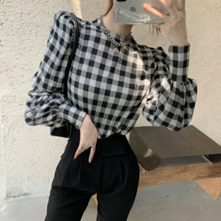素色 - 大きな格子柄のパフスリープトップス オールシーズントップス 綺麗シャツ 大人ファッション 大人コーデ 大人カジュアル 大人韓国コーデ アラサーファッション アラサーコーデ ママコー 綺麗めコーデ シンプルコーデ シンプルライフコーデ ins