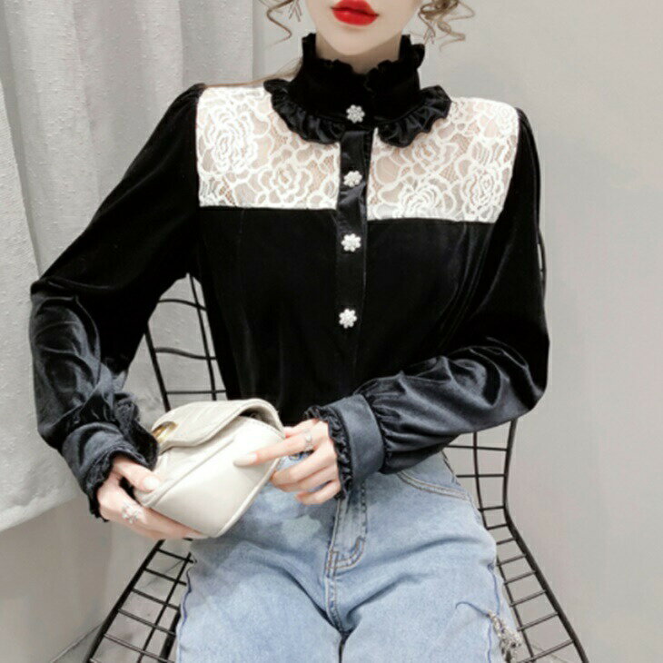樂天商城 - レース刺繍付きベルベットブラウス フレアシフォンブラウス フェアリーブラウス 綺麗ブラウス 大人ファッション 大人コーデ 大人カジュアル 大人韓国コーデ アラサーファッション アラサーコーデ 綺麗めコーデ シンプルコーデ シンプルライフコーデ ins
