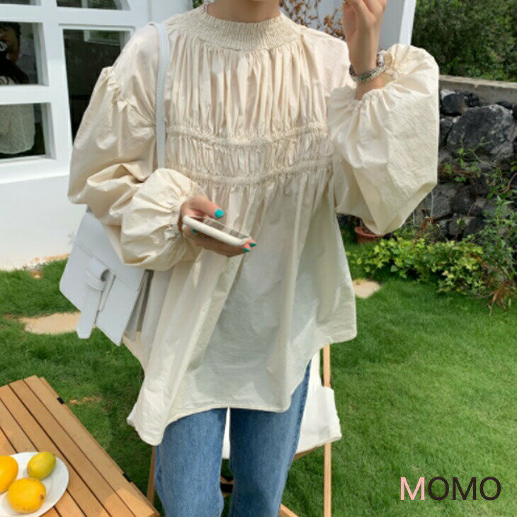 樂天商城 - ラウンドネックルーズパフスリーブブラウスシャツ 普段着ナチュラルシャツ シンプルシャツ 大人ファッション 大人コーデ 大人カジュアル 大人韓国コーデ アラサーファッション アラサーコーデ ママコーデ 綺麗めコーデ シンプルコーデ シンプルライフコーデ