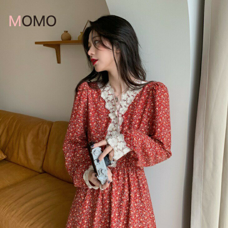 樂天商城 - レトロ調花柄ロングワンピース レースVネックワンピ ナチュラルワンピ さわやかワンピ 清楚ワンピ シンプルワンピ 大人カジュアル 大人ファッション 大人コーデ アラサーファッション アラサーコーデ アラフォーコーデ アラフィフコーデ 大人韓国コーデ