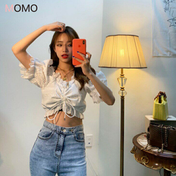 Vネックかぎ針編みプリーツレースシ...