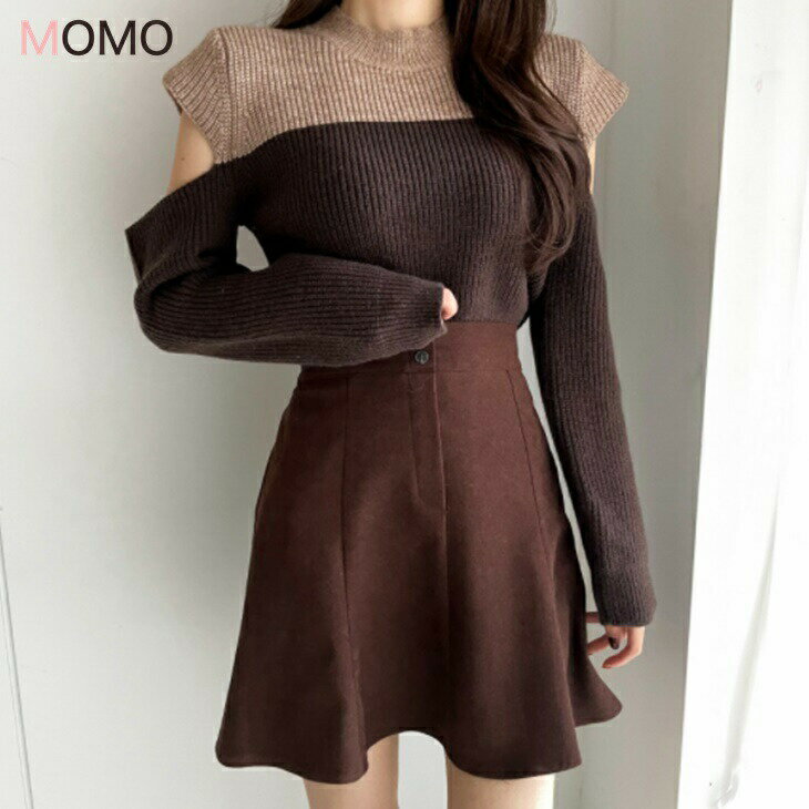 オフショルダーニットトップス ツートンカラーニットセーター ナチュラルニット 普段着ニット カジュアルニット 綺麗ニットセーター 大..