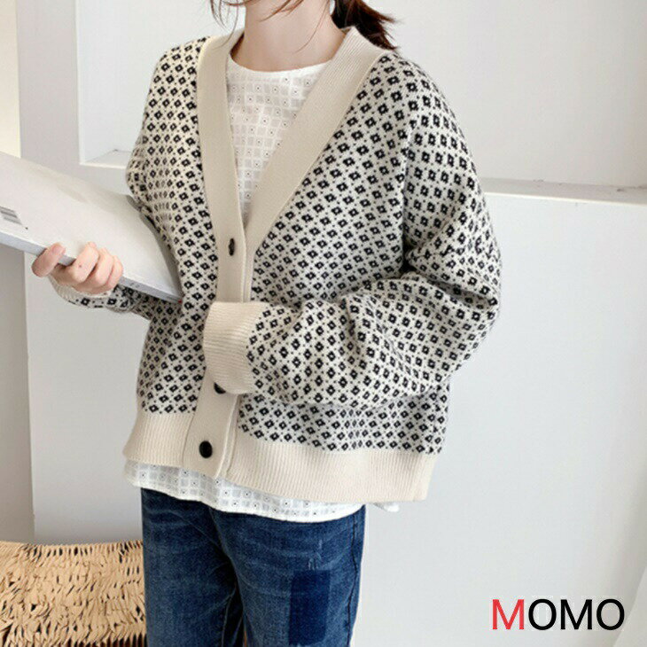 樂天商城 - チェック柄ニットカーディガンセーター ジャガードカジュアルニットセーター シンプルニットセーター 普段着温かニット 大人カジュアルコーデ アラサーちゃん アラサーコーデ アラフォーコーデ シンプルコーデ 大人ファッション 大人コーデ 大人韓国コーデ